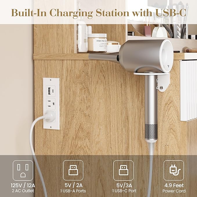 Vanity Desk with Mirror and Lights, Pink Makeup Vanity with Charging Station, Dressing Table Set with Storage Chair, Drawer Shelves, and Foldable Panel for Compact Space Bedroom (Nature Wood)