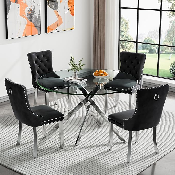 Goujxcy 5 Piece Round Glass Dining Table Set for 4, 47" Round Dining Table & Chair Set Modern Circle Glass Kitchen Table and 4 Velvet Upholstered Chairs for Kitchen Dining (Silver Table & Black Chair)