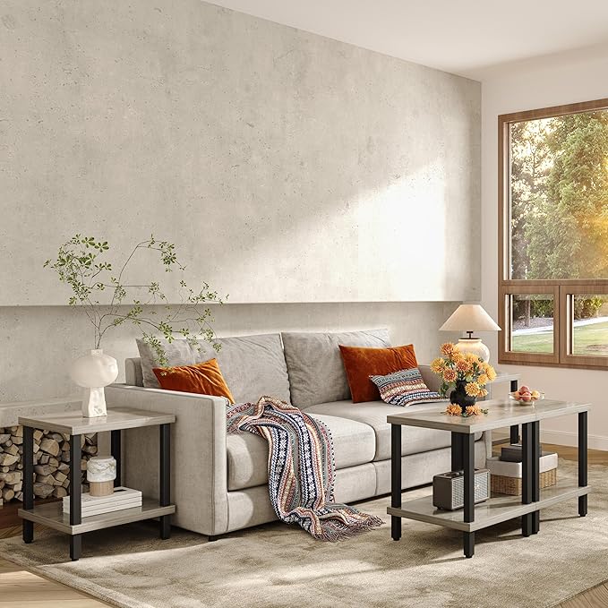 Large End Table Farmhouse Side Table Industrial Style Sofa Table Metal X Accent Wood Coffee Table NightStand with Storage Shelf for Living Room Bedroom Oak Grey MLBZ16Z