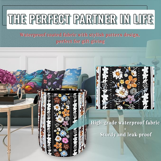 Boho Flowers Laundry Basket Foldable With Handles Universal Tote Bag Oxford Cloth Colorful Laundry Hamper 18.9" x 16.5" Clothes Storage Bucket Toy Organizer For Bathroom/Laundry/Bedroom