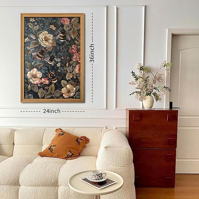 Framed 3D Textured Vintage Wall Art - Dark Academia Bumble Bee Hand Drawn Sandstone Paintings with Botanical Florals, Aesthetic Wall Decor for Living Room Bedroom Home 24x36 inch