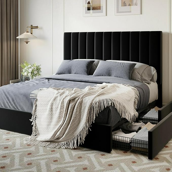 SHA CERLIN Full Size Platform Bed Frame with 4 Storage Drawers, Vertical Channel Tufted Adjustable Headboard, Velvet Upholstered, Wooden Slats Support, No Box Spring Needed, Easy Assembly, Black