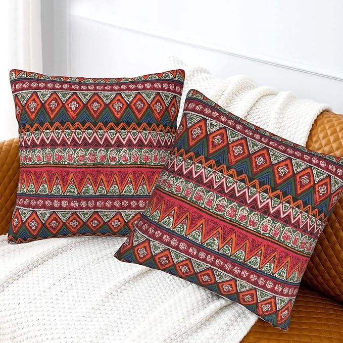 Farmhouse Vintage Boho Red Striped Throw Pillow Covers 18x18 Inch Set of 2 Bohemia Rustic Abstract Geometric Pillow Case Home Decor Cushion Cover of Sofa Living Room Bedroom