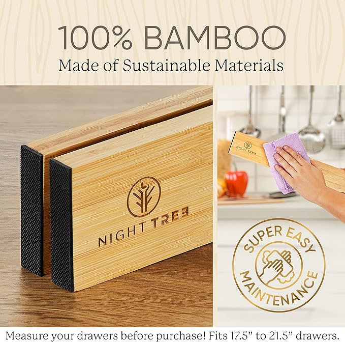Night Tree Expandable Bamboo Drawer Dividers – Spring-Loaded Wooden Organizers for Clothes, Kitchen Utensils, Bathroom, and Dresser Drawers (17.5" to 21.5")