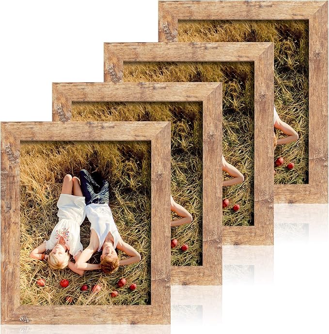 8x10 Picture Frame Set of 4, High Definition Real Glass Rustic Brown Frame, 8 x 10 Photo Frames for Desktop Display and Wall Mounting