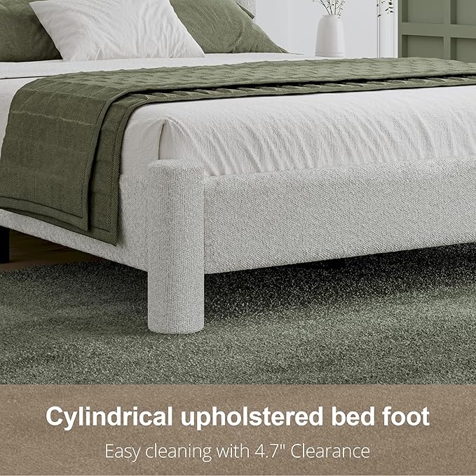 Queen Size Bed Frame, Boucle Upholstered Platform Bed with Headboard and Footboard, Soft Rounded Corners, No Box Spring Required, Easy Assembly, White