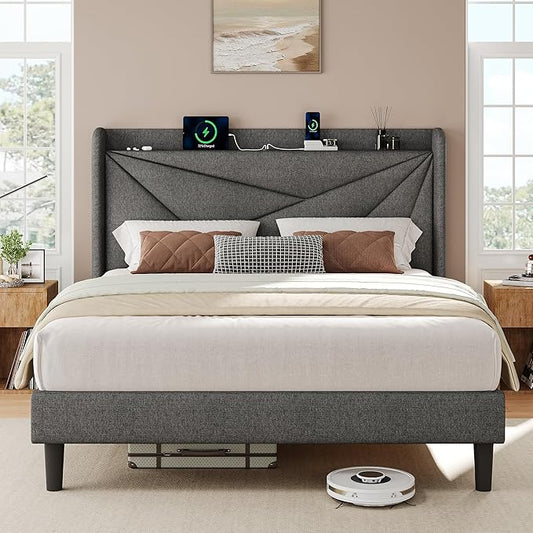 iPormis Queen Size Bed Frame with Charging Station, Linen Platform Bed Frame with Wingback Headboard Upholstered Bedframe, Solid Wood Slats Support, No Box Spring Needed, Easy Assembly, Dark Grey