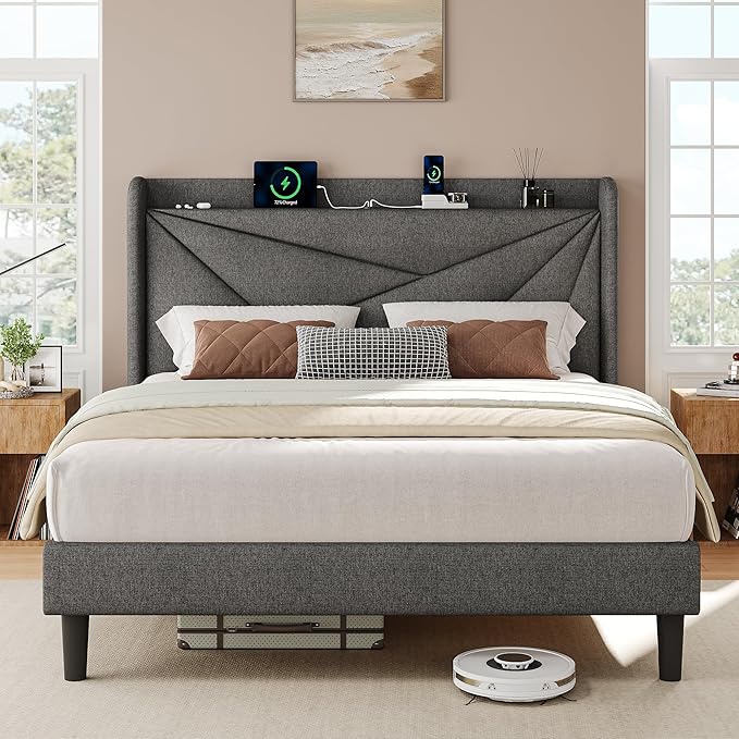 iPormis Full Size Bed Frame with Charging Station, Linen Platform Bed Frame with Wingback Headboard Upholstered Bedframe, Solid Wood Slats Support, No Box Spring Needed, Easy Assembly, Dark Grey