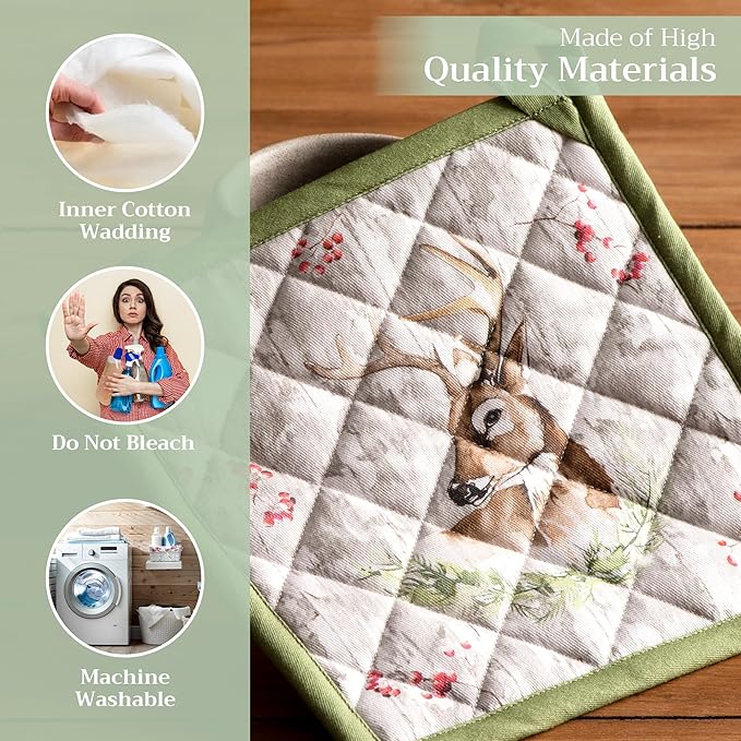 Maison d' Hermine Pot Holders Set 100% Cotton Heat Resistant Potholders 8" x 8" Hot Pads with Loop for Thanksgiving Christmas Decorations BBQ Baking Handling Hot Pans (Pack of 2, Mountain Life)