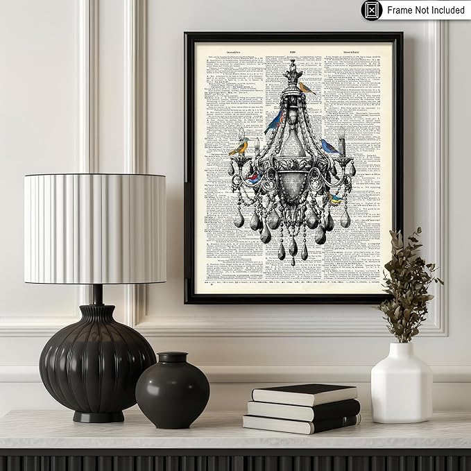 Poster Master Dictionary Art Poster - Antique Chandelier Print - Bird Art - Baroque Art - Gift for Men & Women - Chic Decor for Living Room, Dining Room, Bedroom or Kitchen, 24x32 Unframed Wall Art