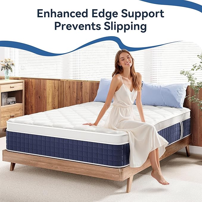 12 Inch Hybrid Queen Mattress in a Box, Gel Memory Foam, Individually Wrapped Springs, Medium Firm, Edge Support, Motion Isolation, Pressure Relief, CertiPUR-US Certified, Blue & White