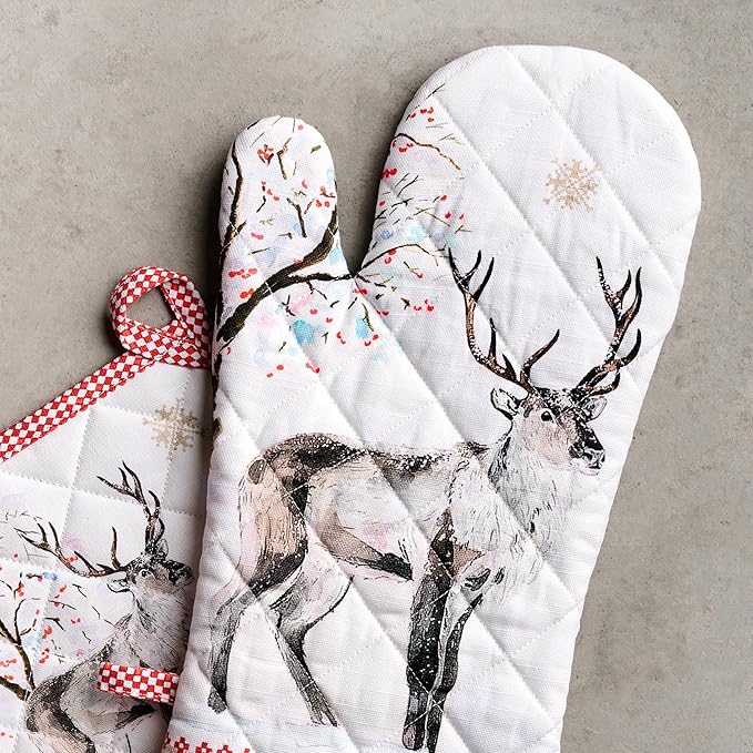 Maison d' Hermine 100% Cotton Oven Mitt & Pot Holder Set (7.5"x13" & 8"x8") Heat Resistant BBQ Cooking Gloves with Loop for Thanksgiving Christmas Decorations Handling Hot Pans (Rural Christmas)