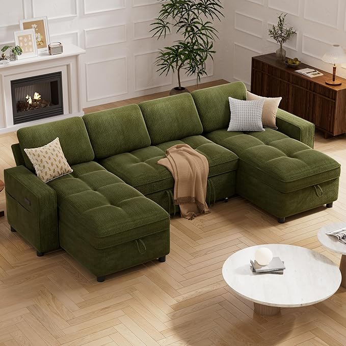 Vipbear Sleeper Sectional Sofa, 105" U Shaped Couch with Pull Out Bed, Convertible Chenille Cloud Sofa with Reclining Backrest | Double Storage Chaise | USB Ports | Tool-Free Assembly | Green