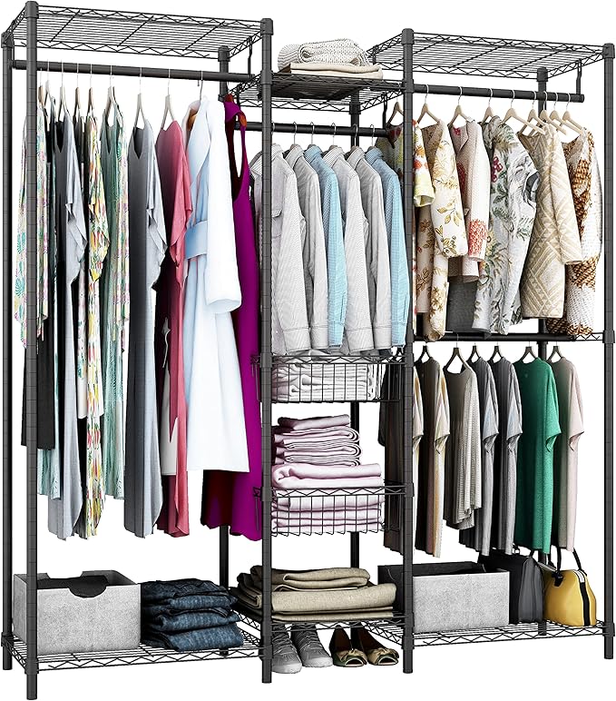 Xiofio Freestanding Heavy Duty Clothes Rack, Wire Clothing Rack with Hanging Rod,Adjustable Shelves & 2 Slid Fixed Baskets,60.7" L x 15.7" W x 70.5" H Max Load 720LBS,Black.