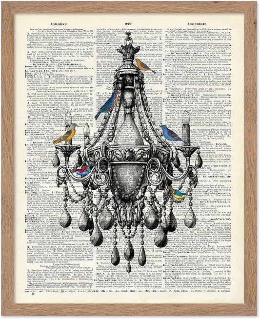 Poster Master Dictionary Art Poster - Antique Chandelier Print - Bird Art - Baroque Art - Gift for Men & Women - Chic Decor for Living Room, Dining Room, Bedroom or Kitchen, 8x10 Beige Framed
