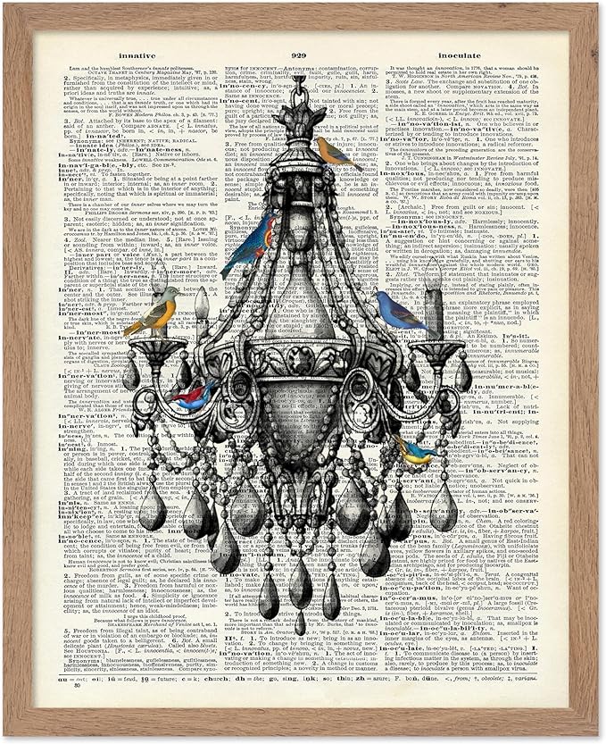 Poster Master Dictionary Art Poster - Antique Chandelier Print - Bird Art - Baroque Art - Gift for Men & Women - Chic Decor for Living Room, Dining Room, Bedroom or Kitchen, 16x20 Beige Framed