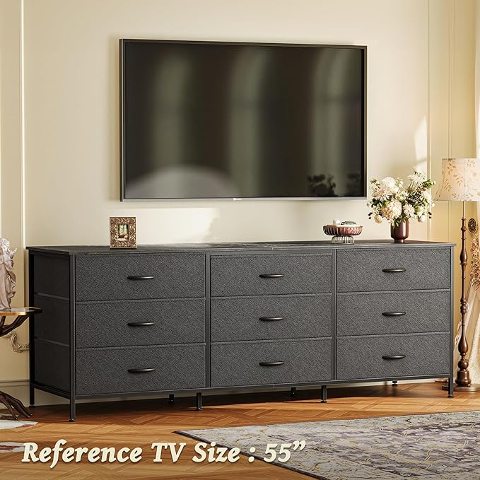 Huuger 63 Inch Dresser for Bedroom, Dresser for Closet with 9 Drawers, Large TV Stand for 55, 65, 70 Inch TV, Entertainment Center with Storage, Wide Long Chest of Drawers, Black