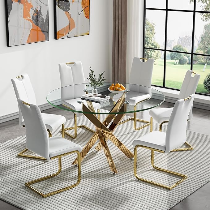 Goujxcy Round Dining Table Set for 6, Modern Glass Kitchen Table and Chairs Set of 6, 7 Piece Dining Room Table Set with 47" Circle Gold Metal Glass Dinner Table and 6 White Leather Dining Chairs