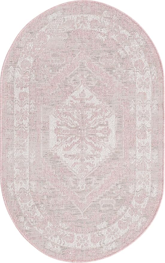 Unique Loom Outdoor Traditional Collection Area Rug - Valeria (3' 3" x 5' 3" Oval, Pink/ Ivory)