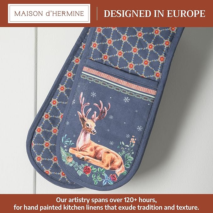 Maison d' Hermine Double Oven Mitt (7" x 35") 100% Cotton Heat Resistant BBQ Cooking Gloves with Loop for Thanksgiving Christmas Decorations Baking Cooking Barbeque Handling Hot Pan (Christmas Joy)