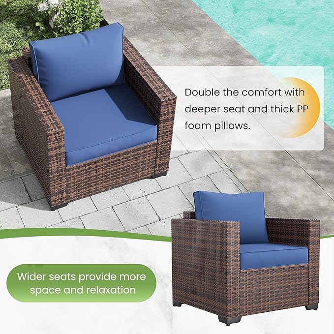 Amopatio Wicker Outdoor Sofa & Patio Couch Set - High Back Waterproof Patio Furniture Single Armrest Chair with Non-Slip Cushions, Outdoor Furniture Cover, Blue