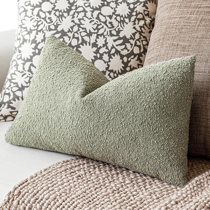 Foindtower Pack of 2 Textured Boucle Throw Pillow Covers Accent Solid Decorative Lumbar Pillow Cases Cozy Couch Cushion Case for Chair Sofa Bedroom Living Room Home Decor 12x20 Inch Dirty Sage Green