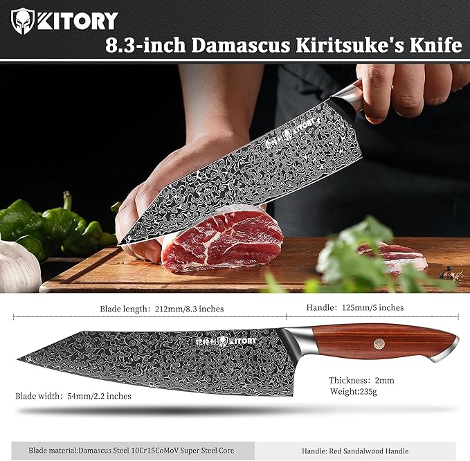73-layers Damascus Kiritsuke Chef`s Kitchen Knife 8.5'', Japanese Style Blade with 10Cr15CoMoV super steel cutting core, Full Tang Sandalwood Handle, w/t Gift Box