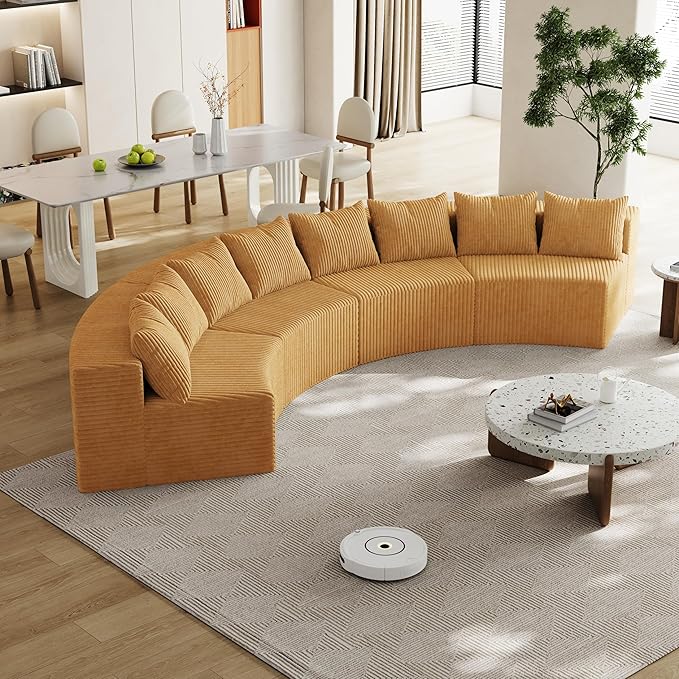 KEIKI Corduroy Curved Sectional Sofa, 4 Seater Symmetrical Modular Semi Circular Couch, Deep Seat Tufted Corner Sofa for Living Room, Lobby, Yellow