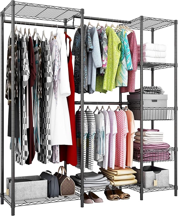 Xiofio 6 Tiers Heavy Duty Garment Rack,Metal Clothing Rack,Clothing Storage Rack,Closet Organizer System Freestanding & Adjustable Wardrobe 60.7" L x 15.7" W x 70.5" H Max Load 720LBS Black