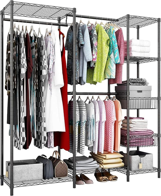 Xiofio 6 Tiers Heavy Duty Garment Rack,Metal Clothing Rack,Clothing Storage Rack,Closet Organizer System Freestanding & Adjustable Wardrobe 60.7" L x 15.7" W x 70.5" H Max Load 720LBS Black