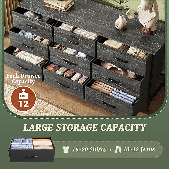 Huuger 9 Drawer Dresser, 47 Inch TV Stand for 50, 55 Inch TV, Entertainment Center with Drawers, Fabric Dresser Chest of Drawer for Bedroom, Closet, Charcoal Black Wood Grain Print