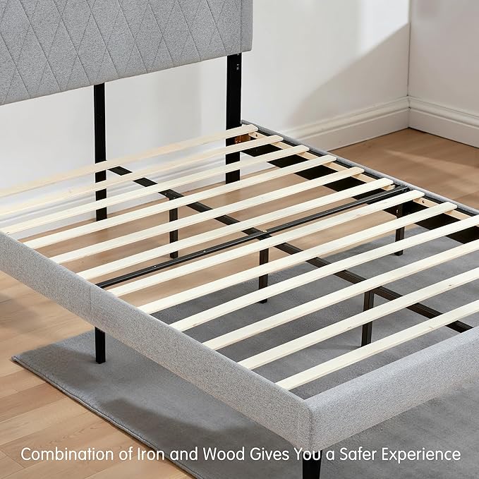 Hokway Bed Frame Upholstered Platform Bed with Headboard Wooden Slat Support No Box Spring Needed(Full, Light Gray)