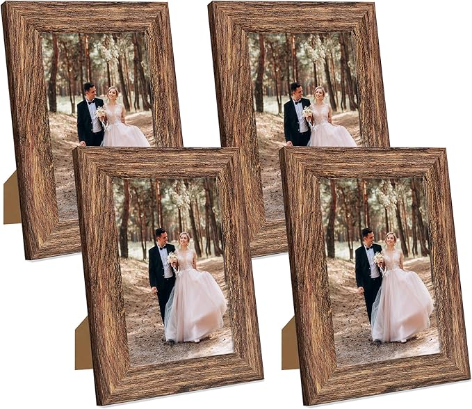 5x7 Picture Frame Set of 4, High Definition Glass Brown Frame, 5 x 7 Wood Rustic Picture Frames for Horizontal or Vertical Table Top and Wall Mounting