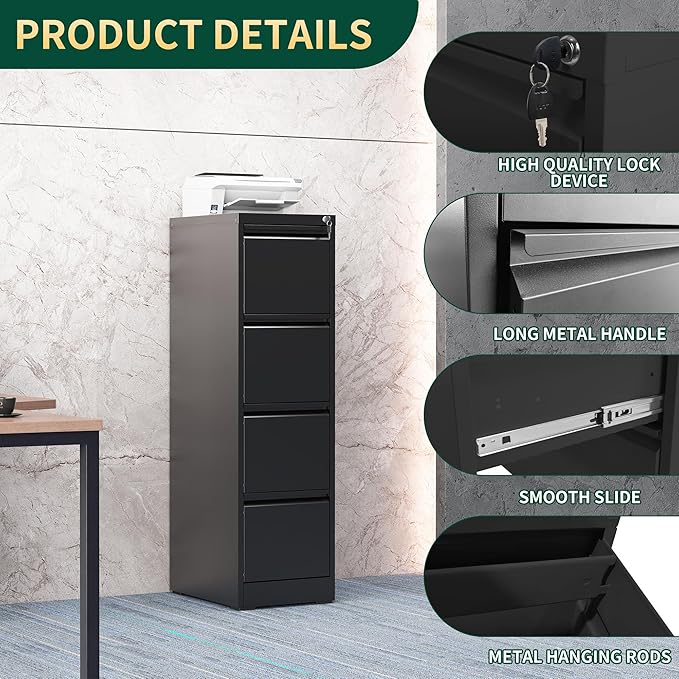 4 Drawer File Cabinet with Lock, Steel Vertical Filing Storage Cabinet for Home Office, Heavy-Duty File Cabinets for Letters/Legal/A4 (Require Assembly, Black)