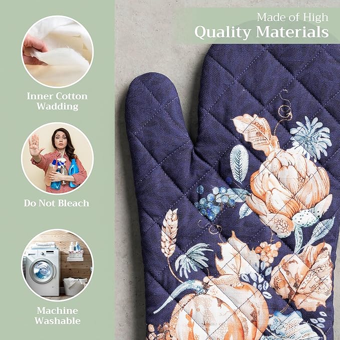 Maison d' Hermine Oven Gloves 100% Cotton Oven Mitt 7" x 13" with Loop Heat Resistant BBQ Cooking Gloves for Thanksgiving Christmas Decorations Baking Handling Hot Pans (Pack of 1, Pumpkin Blues)