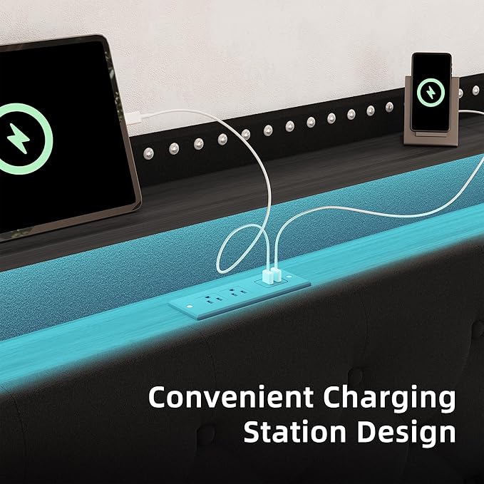 BRELTAM Black Queen Size Bed Frame with LED Light and Charging Station,Upholstered Velvet Tufed Bed Frame with 4 Storaged Drawers Platform Bed Frame with Headboard Heavy Duty Wood Slats, Noise Free