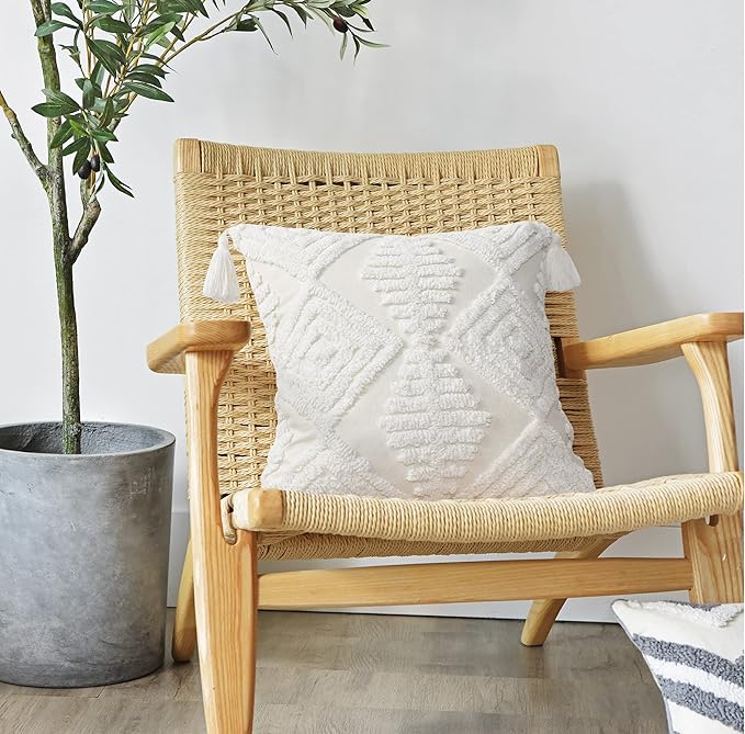 Boho Style Sofa Throw Pillow Covers – Exquisitely Crafted with Hand-Finished Tuft with Thick Cotton Tassel Details – Soft & Stylish Moroccan Decorative, 18x18inch (Spring Ruched)