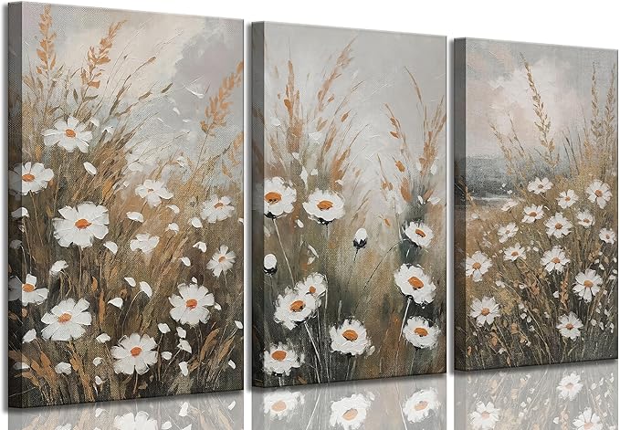 3 Pcs Vintage Wildflowers Field Canvas Wall art Farmhouse Rustic Wildflower Nature Landscape Painting Pictures Wall Decor Posters Print Artwork for Living Room Bathroom Home Decoration