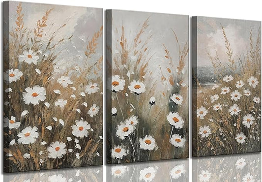 3 Pcs Vintage Wildflowers Field Canvas Wall art Farmhouse Rustic Wildflower Nature Landscape Painting Pictures Wall Decor Posters Print Artwork for Living Room Bathroom Home Decoration
