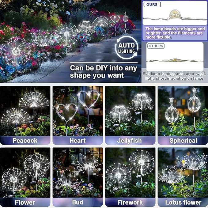 Anordsem Solar Garden Lights Outdoor: Bendable Copper Wire 120 LED Firework Beads White 4 Pack - Waterproof DIY Bright Decorations for Patio Pathway Patio - Gardening Gift for Homeowner Women