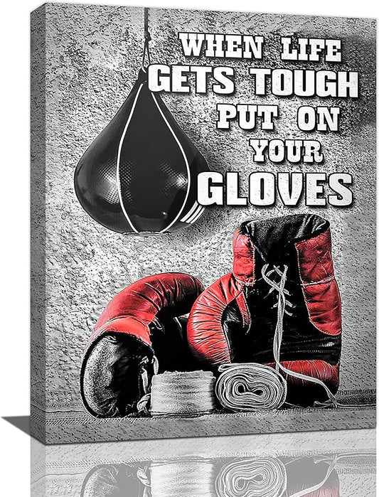 Boxing Posters Wall Art Red Boxing Gloves Pictures Wall Decor Black And White Inspirational Quotes Canvas Prints Painting Artwork Sports Canvas Home Decorations For Teen Boys Room Dorm Bedroom 12"x16"