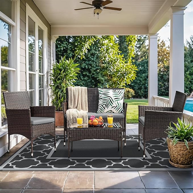 GENIMO 5' x 8' Outdoor Rug Waterproof for Patio Decor, Foldable Reversible Plastic Straw Area Rugs Mat for Camper, Outside Carpet for Rv, Deck, Porch, Picnic, Beach, Balcony, Black & Grey