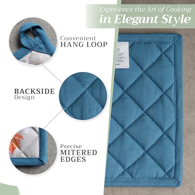 Maison d' Hermine Pot Holders Set 100% Cotton Heat Resistant Potholders 8" x 8" Hot Pads with Loop for Thanksgiving Christmas Decorations BBQ Baking Handling Hot Pans (Pack of 2, Equinoxe - Grey)