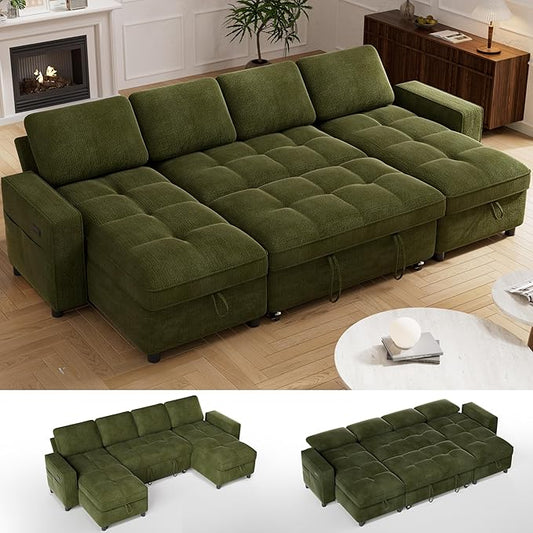 Vipbear Sleeper Sectional Sofa, 105" U Shaped Couch with Pull Out Bed, Convertible Chenille Cloud Sofa with Reclining Backrest | Double Storage Chaise | USB Ports | Tool-Free Assembly | Green