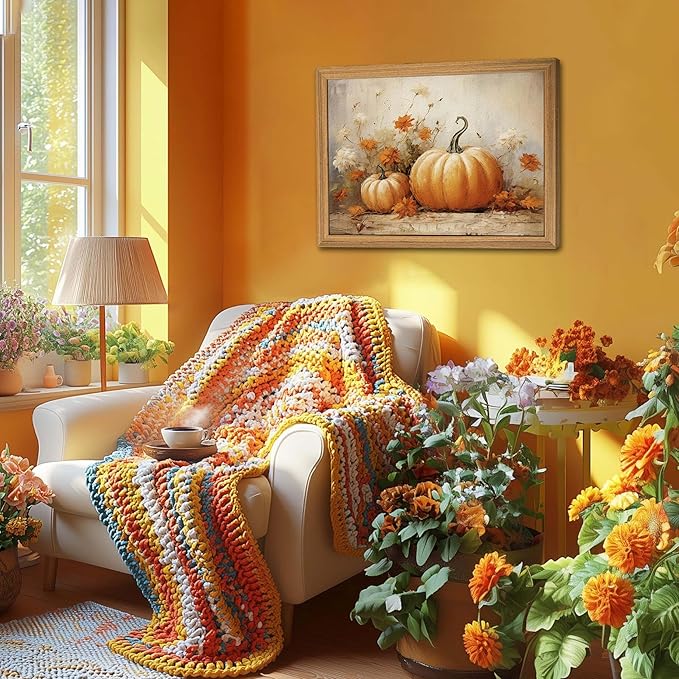 Framed Vintage Halloween Pumpkin Wall Art – 3D Texture Harvest Pumpkins Pictures Fall Wall Decor for Living Room, Rustic Autumn Pumpkin Art Prints for Kitchen, Bedroom, Home or Party – 12x16in
