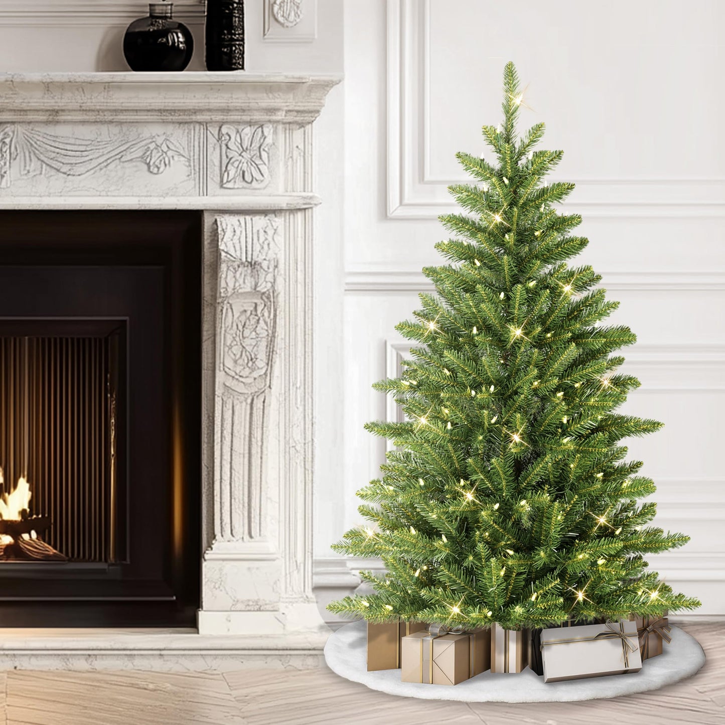 Puleo International 4.5ft Pre-Lit Slim Fraser Fir Christmas Tree with 483 Clear Lights, 150 Realistic Dense Branch Tips, Easy Setup Artificial Trees with Sturdy Metal Stand