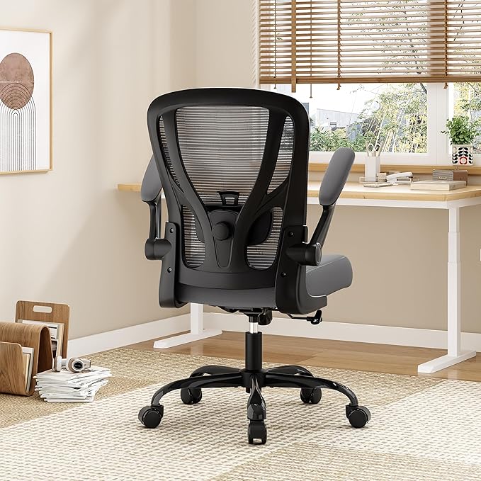Office Chair Ergonomic Desk Chair - Mesh Computer Chair Breathable Task Chair with Wheels Adjustable Lumbar Support Home Desk Office Chairs with Flip up Armrest Executive Rolling Swivel Gray