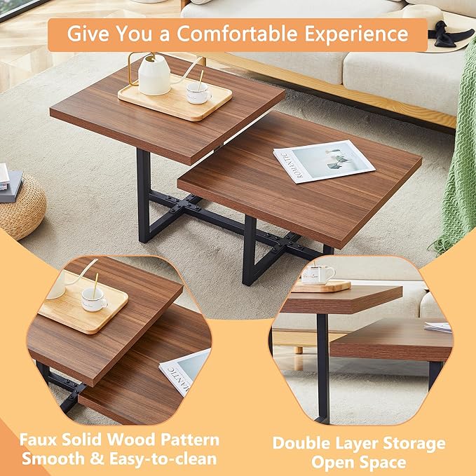 Modern Coffee Table,47" Double Layer Coffee Table,Walnut Color Square Center Tables for Living Room, Easy to Assemble and Clean