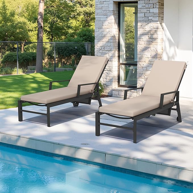 Crestlive Products Chaise Lounge Cushions Outdoor Set of 2, 72x21 Inch, Water Resistant Lounge Chair Cushions for Outdoor Furniture, Patio Cushions for Pool, Lawn, Beige, Khaki