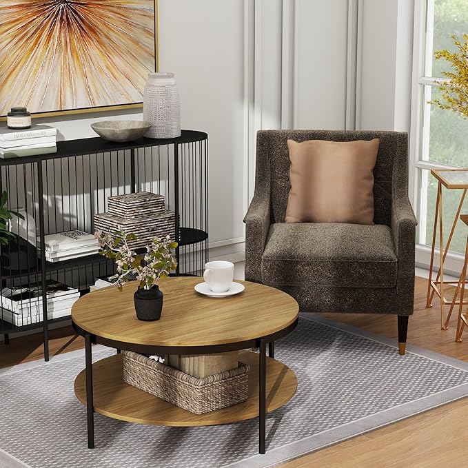Manora Round Coffee Table with Storage Shelf, Rustic Wood Center Table with Black Metal Frame, Modern Circle Living Room Table for Small Spaces (Oak)